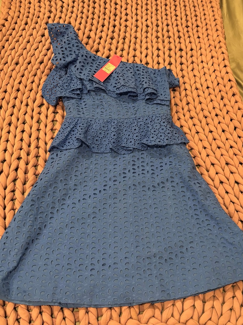 NWT- One-Shoulder Eyelet Ruffle Dress in Blue